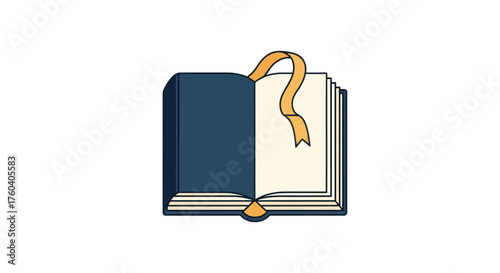 Open Blue Book with Golden Ribbon Bookmark Illustration.