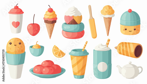 set of funny cartoon fruits and cute tools, icon, vector, set, icons, web, symbol, design, illustration, sign, flat