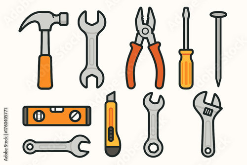 set of funny cartoon fruits and cute tools, icon, vector, set, icons, web, symbol, design, illustration, sign, flat