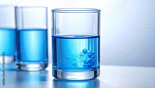 glass of water on blue
