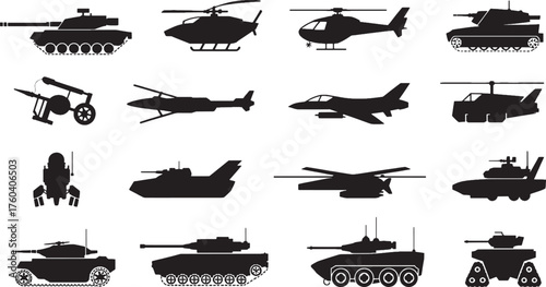 Black silhouette military vehicles and aircraft set on white background tank helicopter