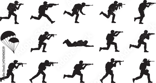 Black silhouette soldiers in action with rifles and parachute military white