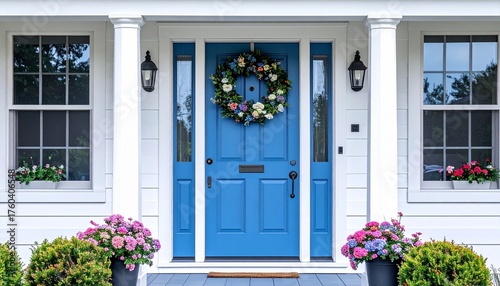 blue door with flowers