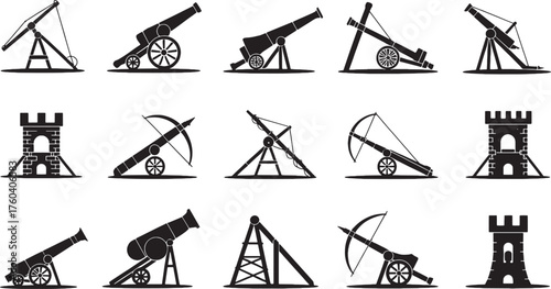 Black silhouette vector icons of medieval siege weapons and castle towers cannon catapult