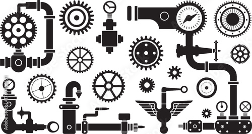 Black silhouette vector graphic elements of gears pipes valves and gauges