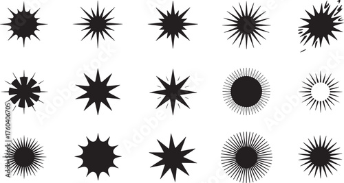 Collection of 20 black starburst and sunburst graphic elements vector illustration explosion