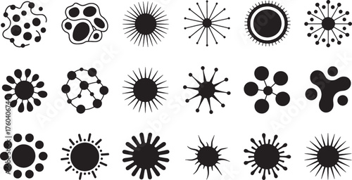 Collection of black abstract organic shapes and sunburst icons vector