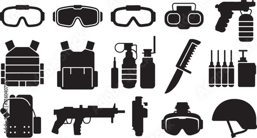 Set of black silhouette icons depicting tactical gear and protective equipment goggles VR headset