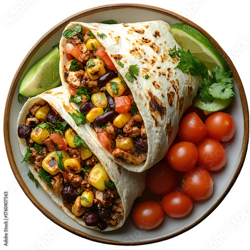 Burritos with colorful fillings on a plate overhead view