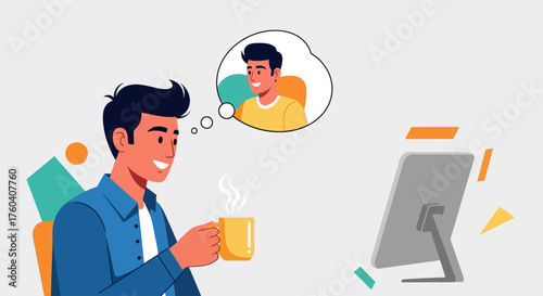 Man drinking coffee while video chatting with a friend on his computer.