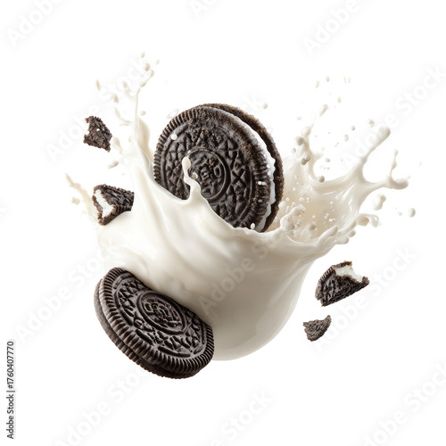 Milk Splash with Oreo Cookie Pieces on Transparent Background