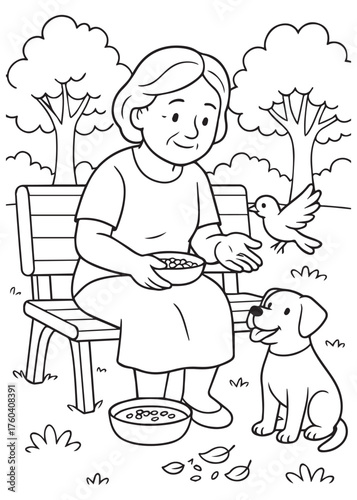 coloring book mother feeding dog and bird on park bench