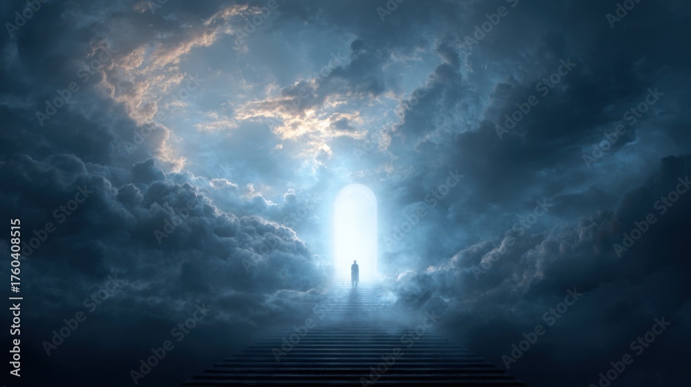 Obraz premium A person is standing in front of a large open door in a dark sky. The sky is filled with clouds, and the person appears to be looking up at the sky. Scene is one of wonder and awe