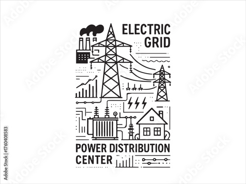 Modern Electrical Power Distribution Grid System and Smart Energy Flow Diagram