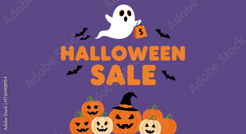 Halloween Sale graphic banner with ghost pumpkins and bats for seasonal retail promotion