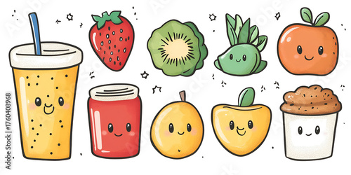 Cartoon fruits and drinks illustration