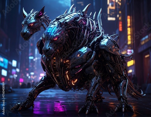 Futuristic, two-headed cybernetic beast stands on a city street