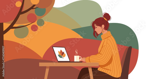 Woman working remotely on laptop outdoors enjoying coffee in a cozy colorful autumn landscape illustration