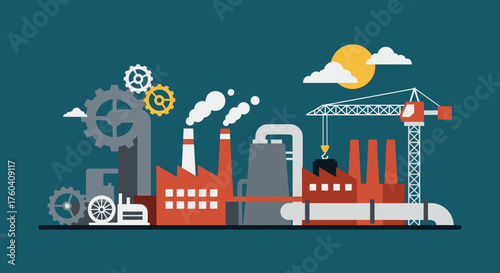 Industrial manufacturing plant and construction site illustration Heavy industry development concept