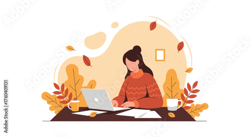Cozy autumn remote work Woman on laptop surrounded by fall leaves and warm colors