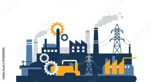 Industrial factory complex graphic with gears smokestacks and power lines