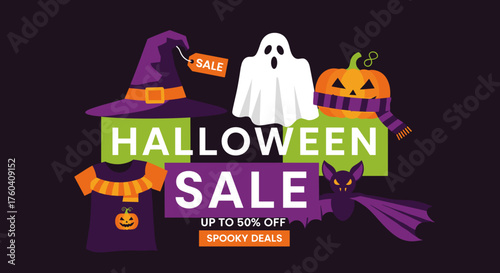 Halloween Sale vector graphic banner with spooky characters and discounts promotion