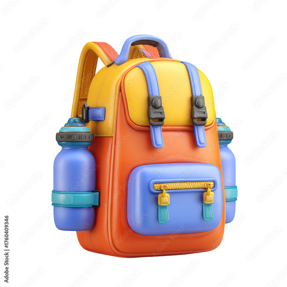 Fototapeta premium 3D Render Colorful Backpack with Water Bottles on Isolated Black.