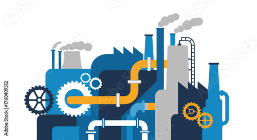 Factory machinery and smokestacks flat design illustration for industry and engineering