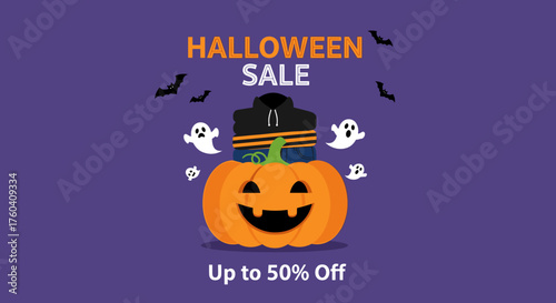 Halloween Sale graphic with pumpkin ghosts bats and clothes on a purple background