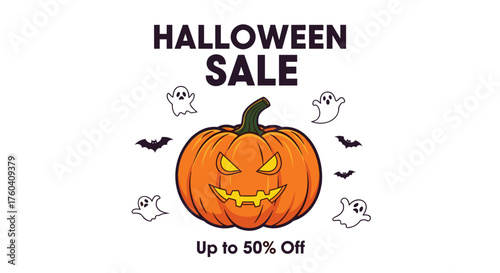 Halloween Sale banner with scary pumpkin ghosts and discount text
