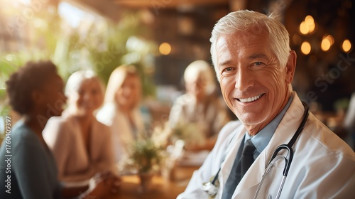 A seasoned physician with a warm smile engages directly with the viewer, while patients are softly blurred in the background, conveying trust and compassionate healthcare within a welcoming