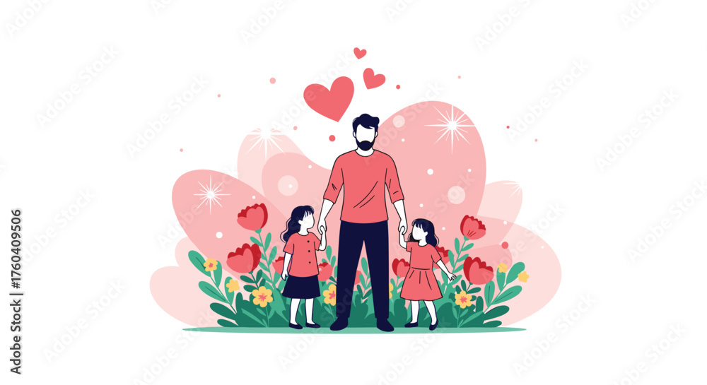 Fototapeta premium A father holding his two daughters' hands surrounded by flowers and hearts.