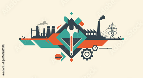 Geometric flat design vector illustration representing industry engineering tools and energy
