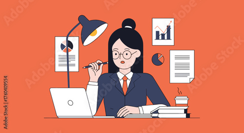 Corporate woman working at desk with laptop and financial reports Business analysis concept