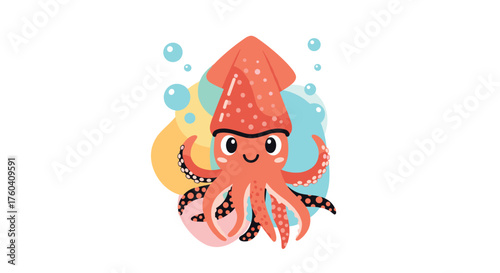 A cute cartoon squid with a playful expression floats among colorful bubbles and abstract shapes.