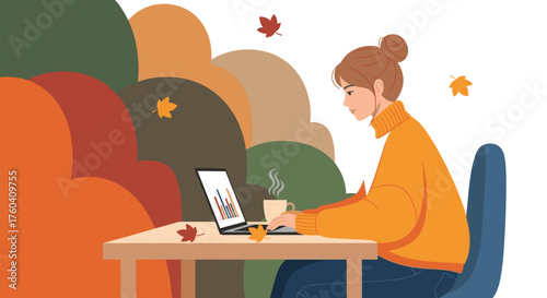 Woman works remotely on laptop in cozy autumn setting with falling leaves and coffee Fall freelance business