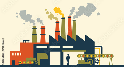 Industrial factory illustration with smokestacks production line and worker silhouette