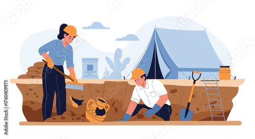 Archaeologists carefully excavate an ancient historical site revealing pottery shards and artifacts from the past.