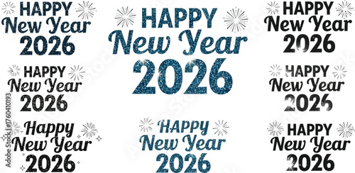 Happy new year 2026 typography design, collection of festive graphic elements for holiday greetings and celebrations, modern text art