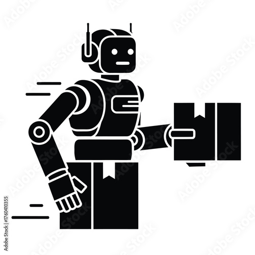 Black robot holding package delivery automation