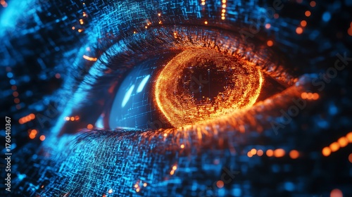 A close up view of a human eye with digital overlay in blue and orange glowing colors and intricate details