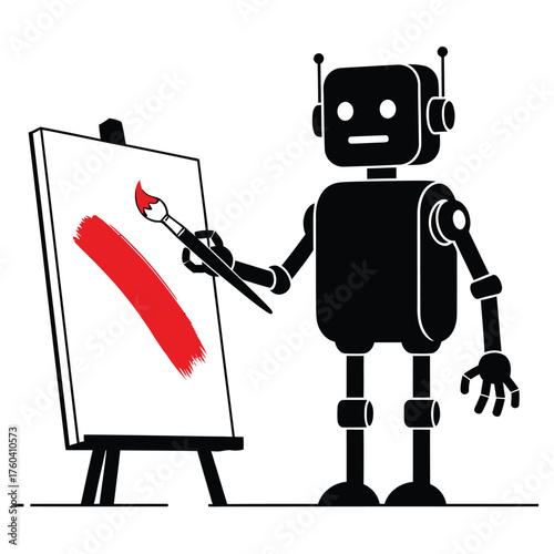 Black robot painting red stroke on canvas easel brush