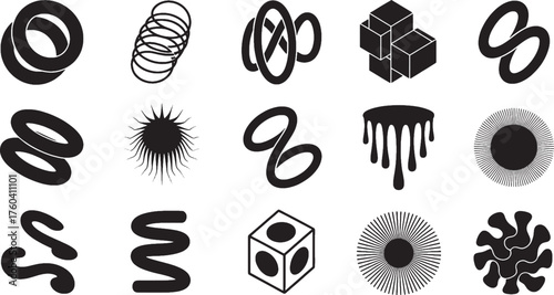 Black abstract geometric and organic shapes on white background vector graphic elements