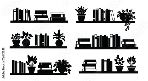 Black silhouette bookshelves with plants bookshelf