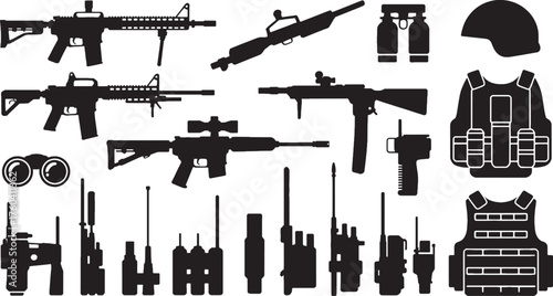 Black silhouette collection of military equipment including rifles body armor and communication devices
