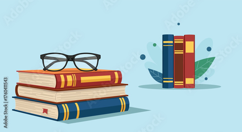 A stack of books with glasses on top and more books in the background.