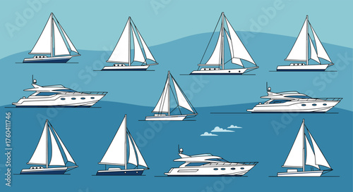 A collection of pixel art boats sailing on blue water.