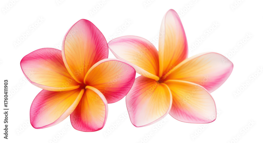 Fototapeta premium Vibrant Pink And Yellow Plumeria Flowers Isolated On Black