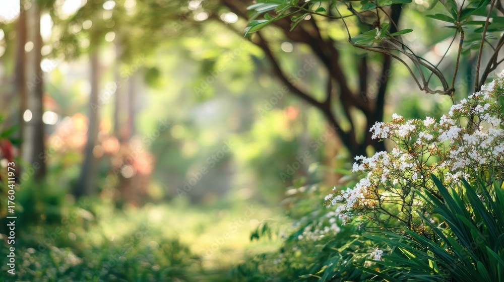 Fototapeta premium Lush garden scene with sunlight filtering through trees