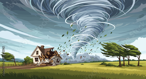 A powerful tornado devastating a rural landscape with a damaged house and trees.